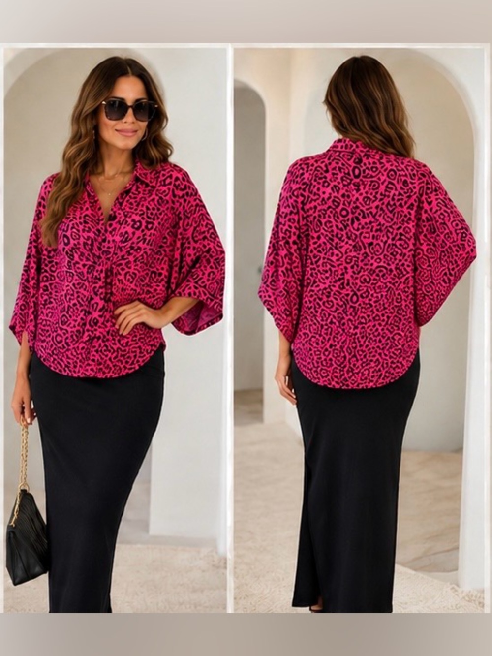 Women's Hot Pink Leopard Print Button-Down Shirt